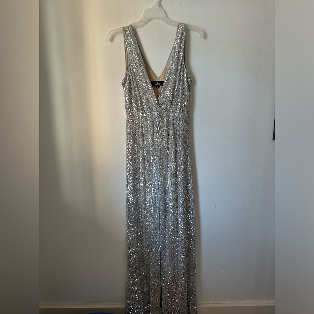 Lulus Silver Sequin Deep V-Neck Jumpsuit (Small)